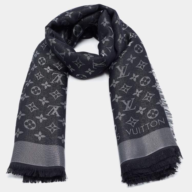 Pre Owned Louis Vuitton Black Silk & Wool Monogram Shine Shawl