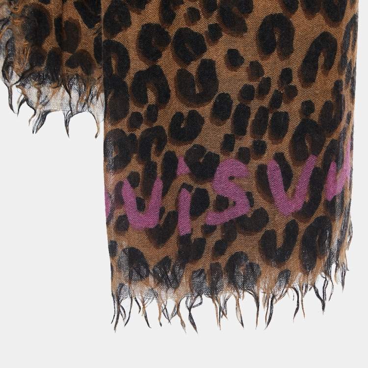 Pre Owned Louis Vuitton Brown Leopard Print Cashmere Blend Stephen Sprouse Graffiti Scarf