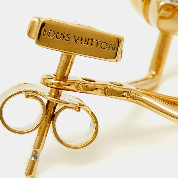 Pre Owned Louis Vuitton Loulougram Crystals Gold Tone Earrings