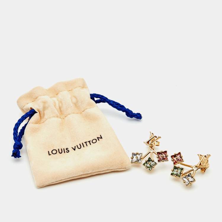 Pre Owned Louis Vuitton Loulougram Crystals Gold Tone Earrings