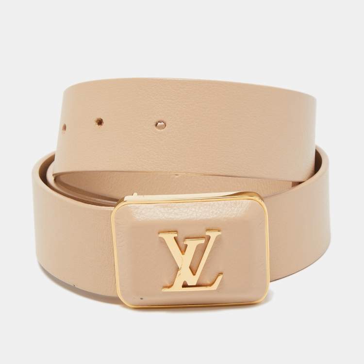 Pre Owned Louis Vuitton Beige Leather LV Logo Belt 85CM