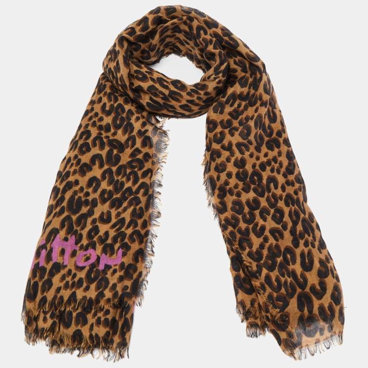 Auth Louis Vuitton Leopard Scarf Brown/Blaclk 100% Silk