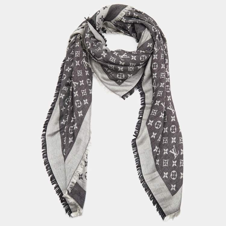 Pre Owned Louis Vuitton Black Monogram Denim Wool & Silk Shawl