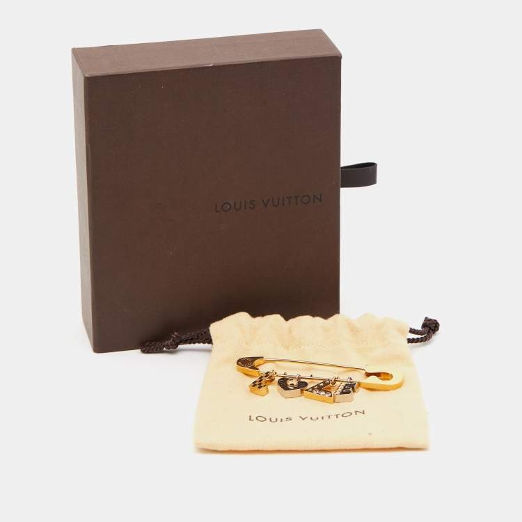 Pre Owned Louis Vuitton Damier 'Love' Crystal  Two Tone Safety Pin Brooch