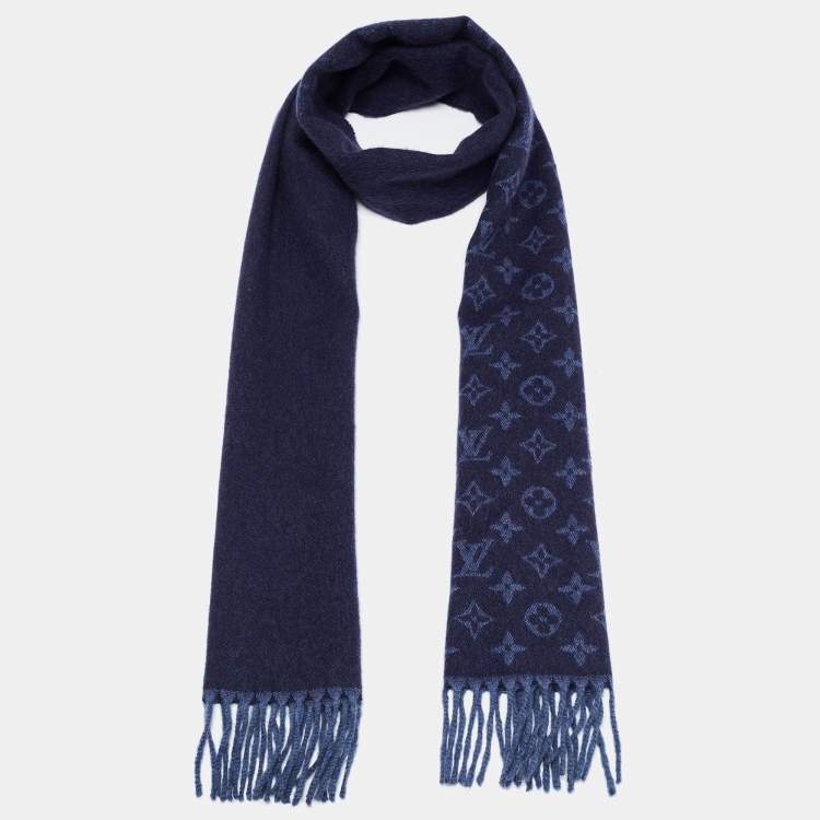 Pre Owned Louis Vuitton Navy Blue Monogram Gradient Cashmere & Wool Scarf