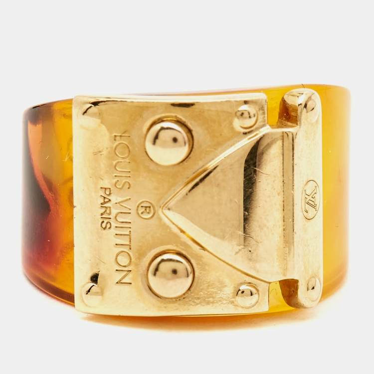 Pre Owned Louis Vuitton Lock Me Tortoise Brown Resin Ring Size 56