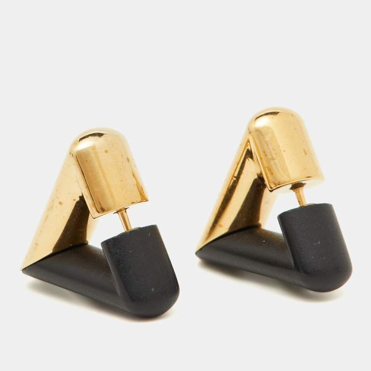 Pre Owned Louis Vuitton V Motif Gold Tone Black Resin Magnetic Earrings