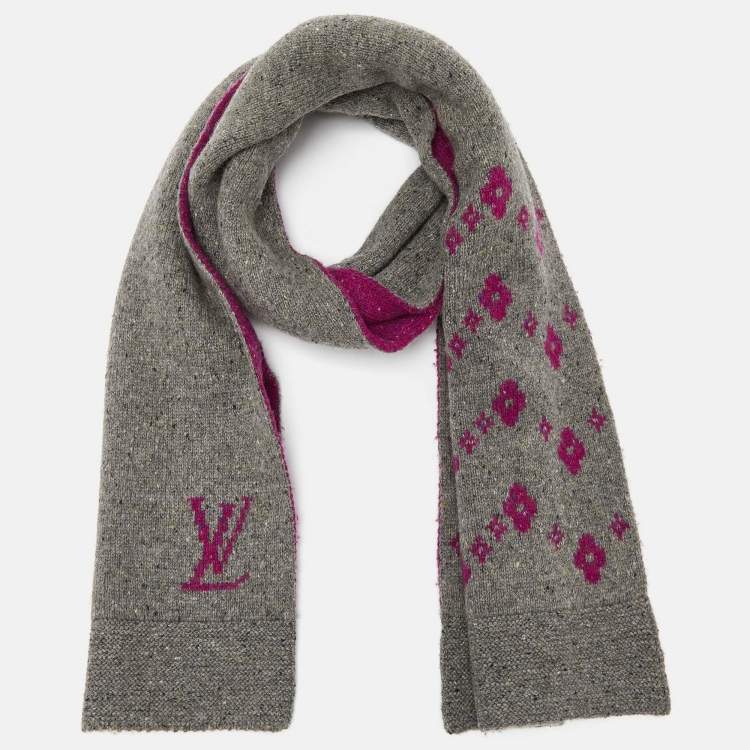 Pre Owned Louis Vuitton Grey/Purple Monogram Cashmere Blend Reversible Muffler