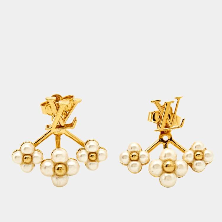 Pre Owned Louis Vuitton Loulougram Faux Pearl Gold Tone Earrings