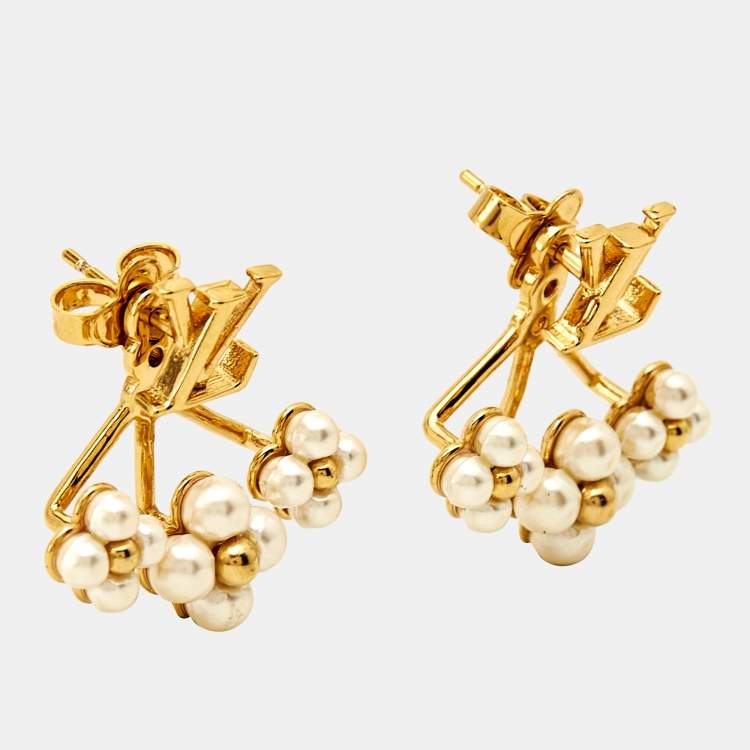 Pre Owned Louis Vuitton Loulougram Faux Pearl Gold Tone Earrings