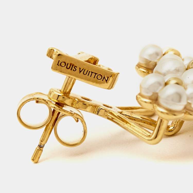 Pre Owned Louis Vuitton Loulougram Faux Pearl Gold Tone Earrings