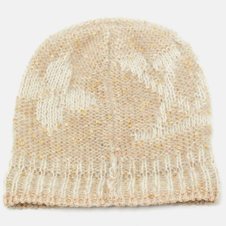 Pre Owned Louis Vuitton Beige Sequined Monogram Mohair Wool Blend Sunset Beanie
