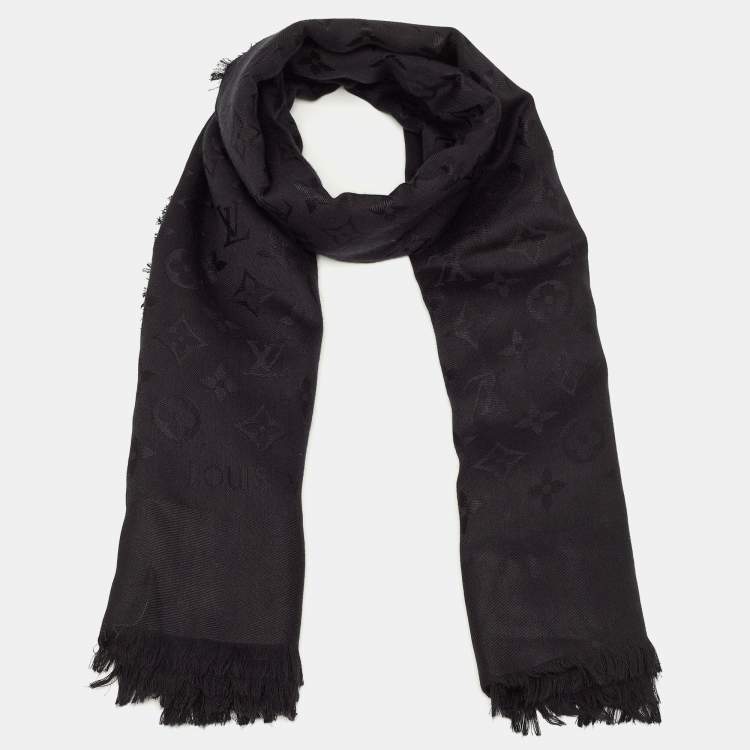 Pre Owned Louis Vuitton Black Monogram Silk and Wool Fringed Large Sqaure Shawl 