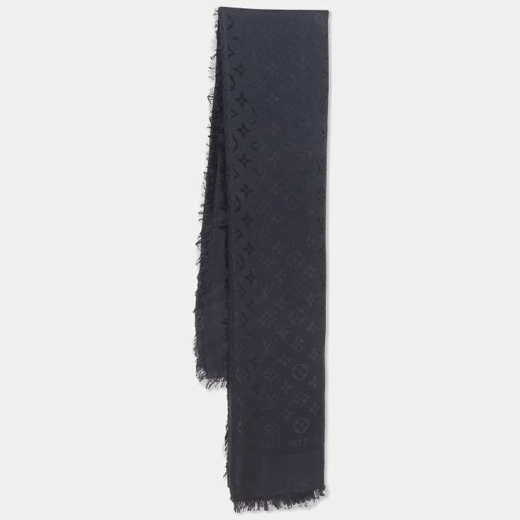 Pre Owned Louis Vuitton Black Monogram Silk and Wool Fringed Large Sqaure Shawl 