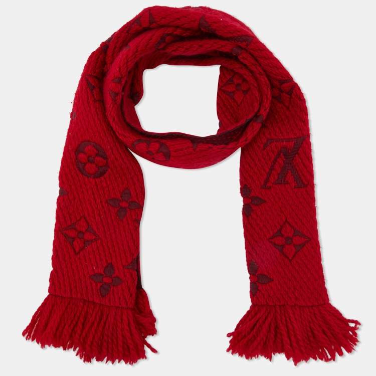 Pre Owned Louis Vuitton Red Wool & Silk Jacquard Logomania Scarf