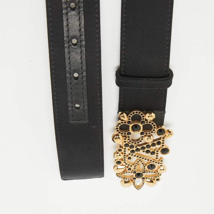 Pre Owned Louis Vuitton Black Satin Crystal Fleurs Runway Belt 85CM