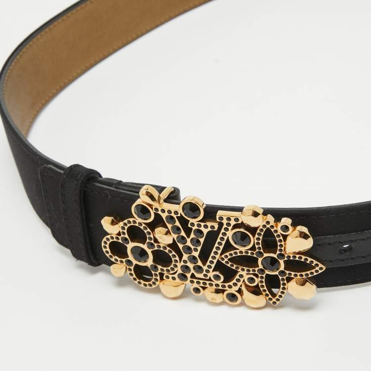 Pre Owned Louis Vuitton Black Satin Crystal Fleurs Runway Belt 85CM