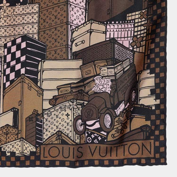 Pre Owned Louis Vuitton Brown Monogram Trunk Print Silk Scarf