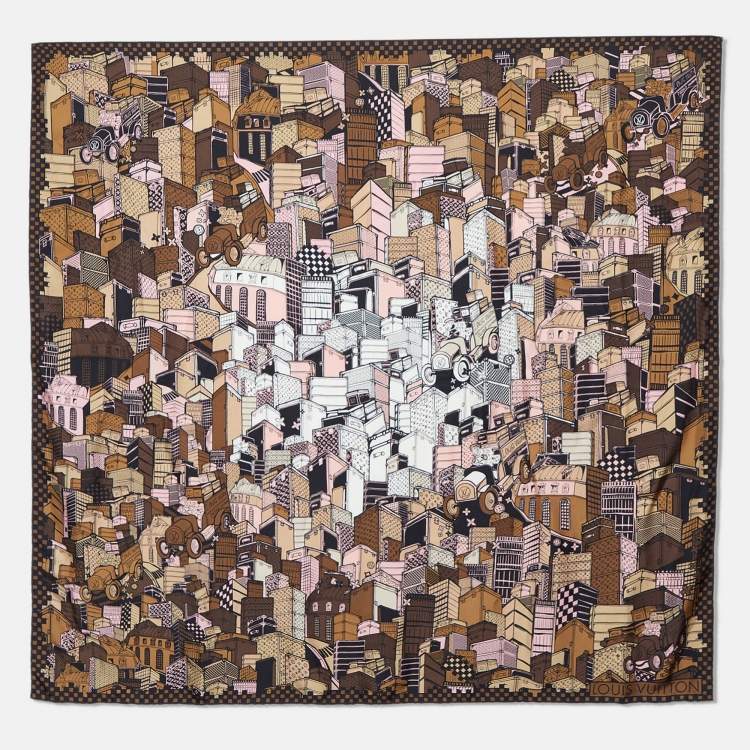 Pre Owned Louis Vuitton Brown Monogram Trunk Print Silk Scarf