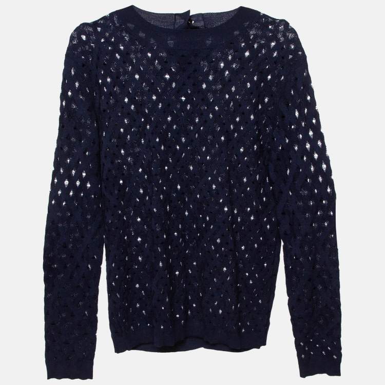 Pre Owned Louis Vuitton Navy Blue Pointelle Knit Sheer Sweatshirt M