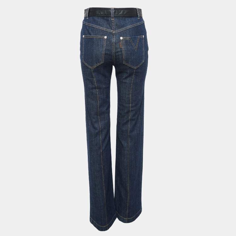 Pre Owned Louis Vuitton Navy Blue Leather Trim Denim Straight Jeans M Waist 31"