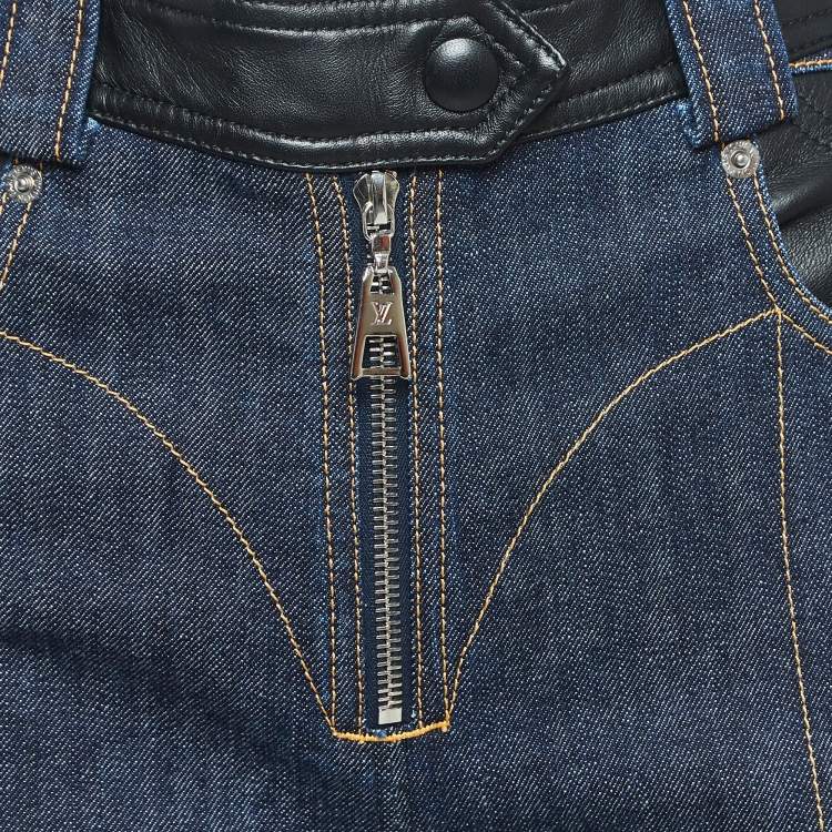 Pre Owned Louis Vuitton Navy Blue Leather Trim Denim Straight Jeans M Waist 31"