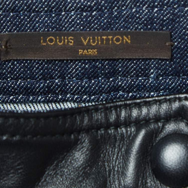 Pre Owned Louis Vuitton Navy Blue Leather Trim Denim Straight Jeans M Waist 31"