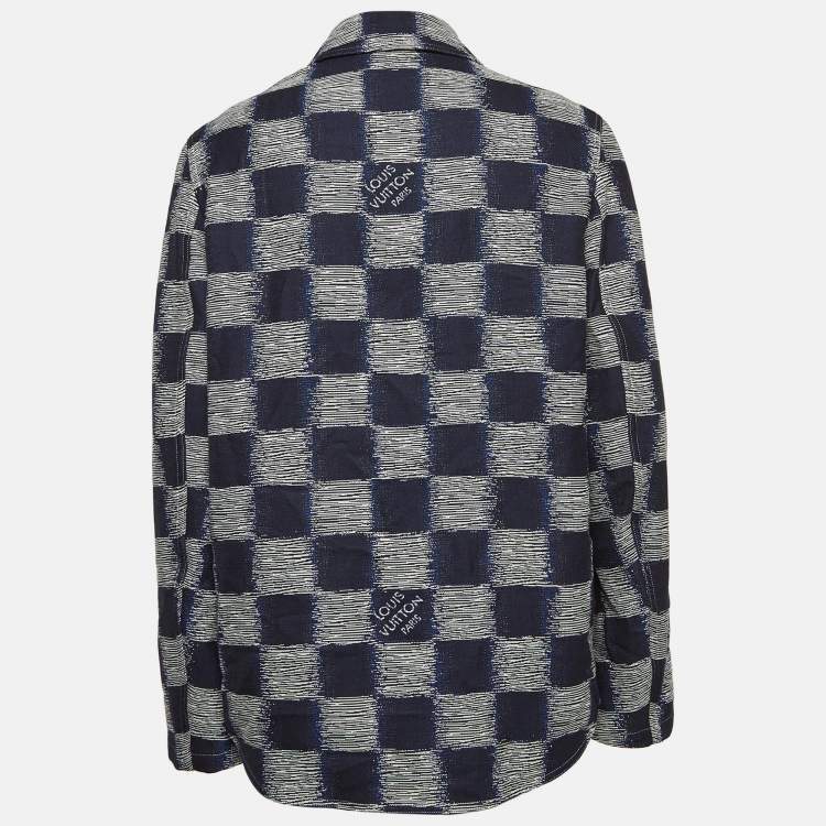 Pre Owned Louis Vuitton Navy Blue Checkered Patterned Wool Shirt M