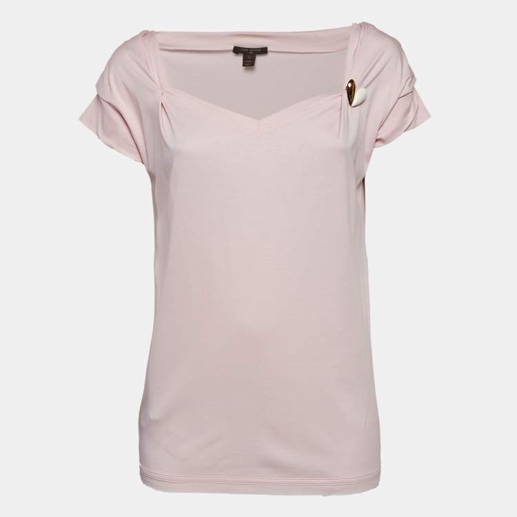 Pre Owned Louis Vuitton Pink Cotton Jersey Brooch Detail Top L