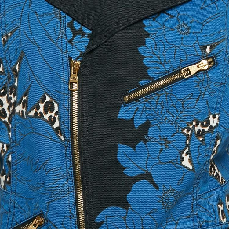 Pre Owned Louis Vuitton Blue Floral & Leopard Print Denim Zip Up Jacket L