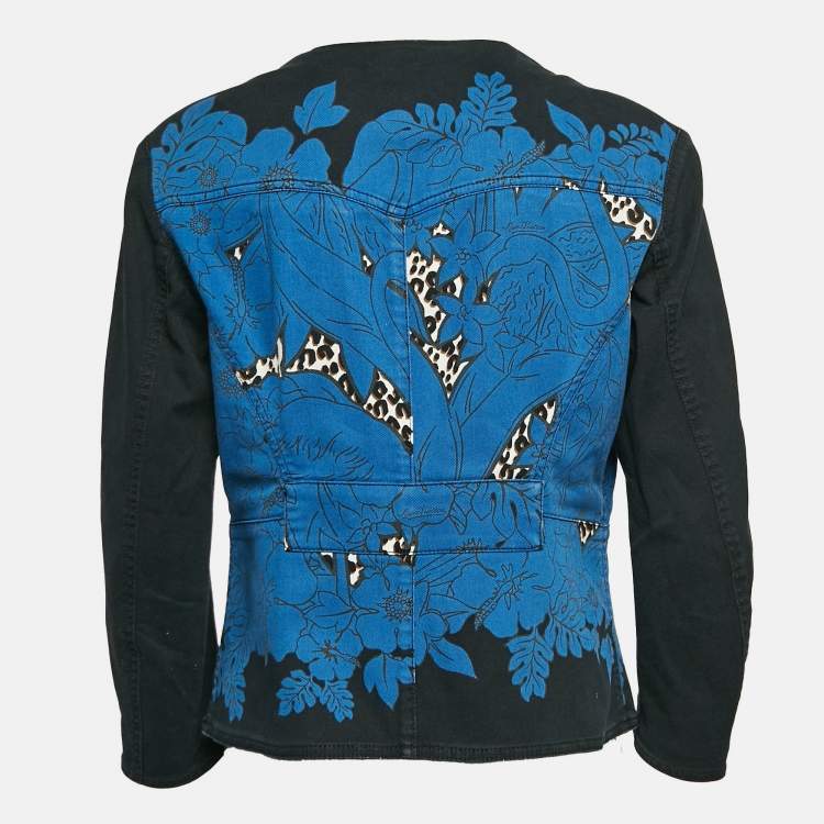 Pre Owned Louis Vuitton Blue Floral & Leopard Print Denim Zip Up Jacket L