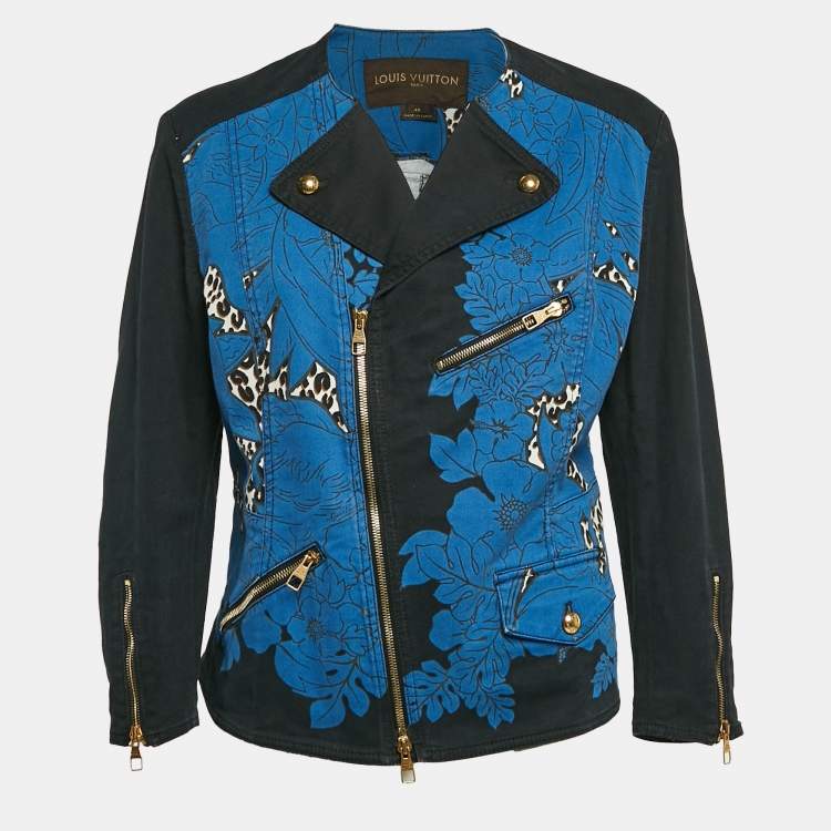 Pre Owned Louis Vuitton Blue Floral & Leopard Print Denim Zip Up Jacket L