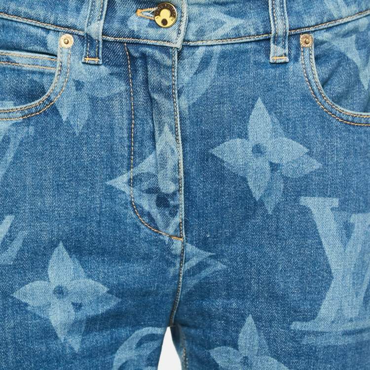 Pre Owned Louis Vuitton Blue Monogram Denim Straight Leg Jeans S Waist 28"