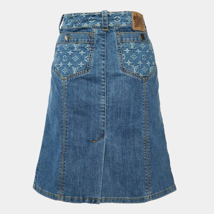 Pre Owned Louis Vuitton Blue Washed Denim Logo Jacquard Detail Skirt L