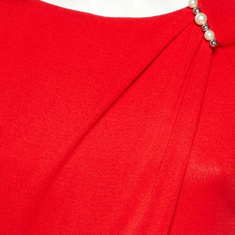 Pre Owned Louis Vuitton Red Crepe Brooch Detail Short Dress M