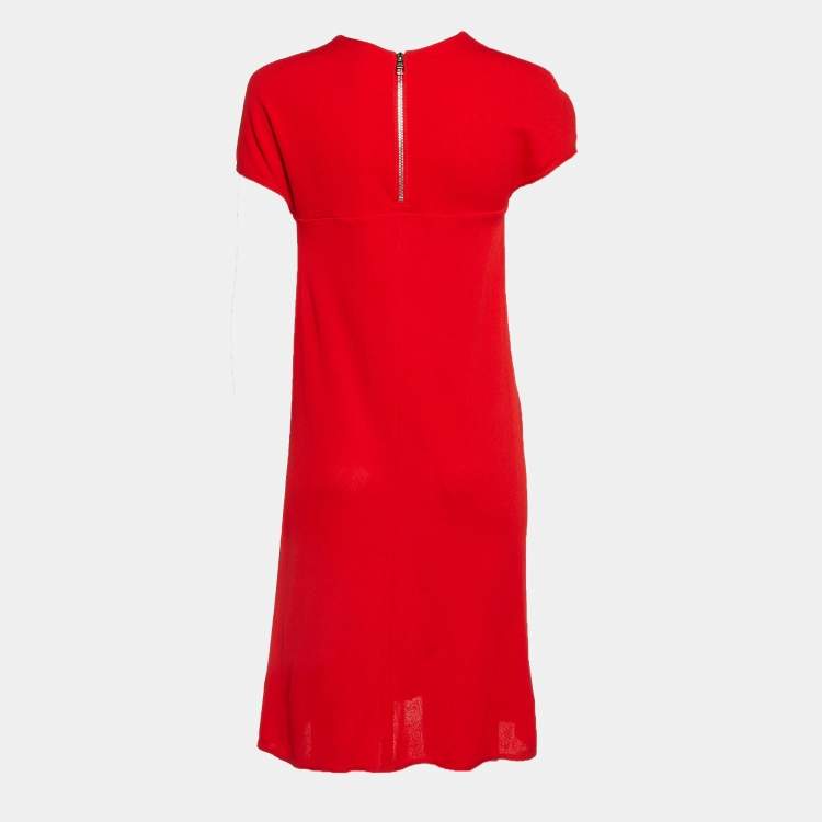 Pre Owned Louis Vuitton Red Crepe Brooch Detail Short Dress M