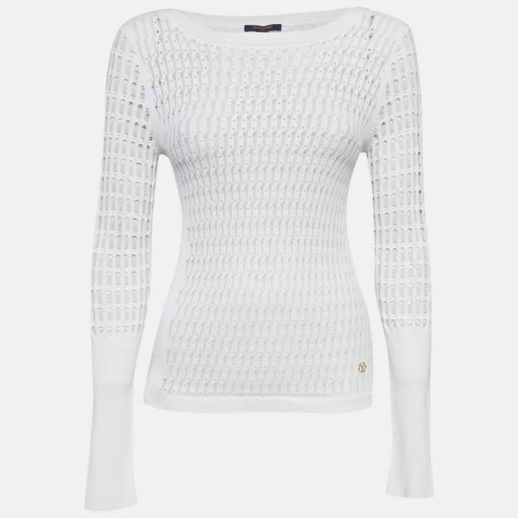 Pre Owned Louis Vuitton White Patterned Knit Full Sleeve Sweater Top M