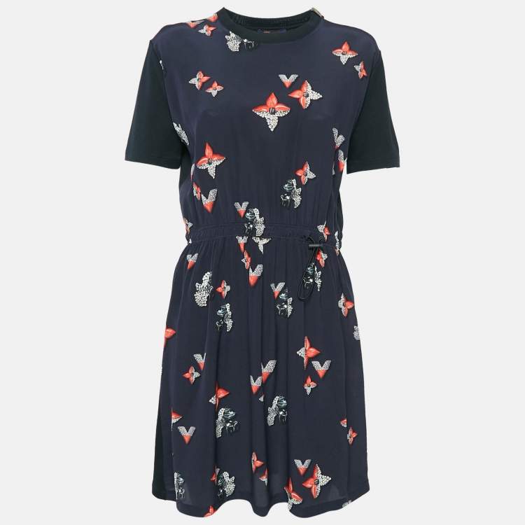 Pre Owned Louis Vuitton Navy Blue Printed Silk and Jersey Mini Dress L