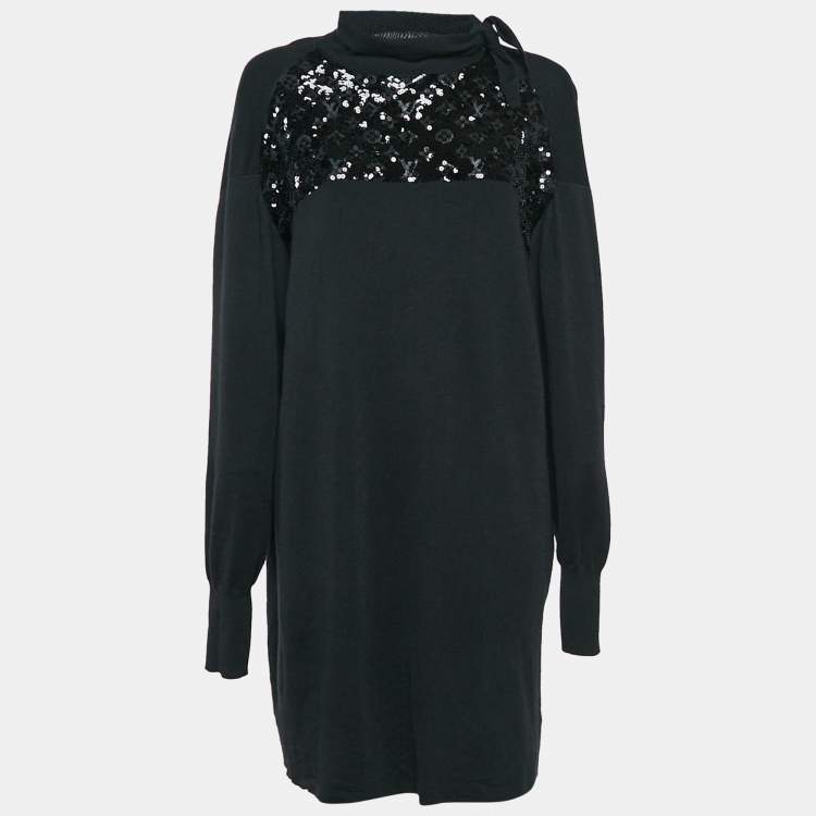 Pre Owned Louis Vuitton Black Sequin Monogram Embellished Wool Knit Sweater Dress XL