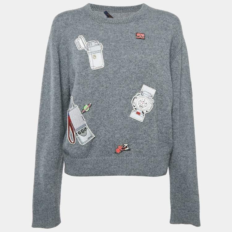 Pre Owned Louis Vuitton Grey Cashmere Patch Detail Sweater M