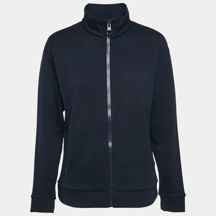 Pre Owned Louis Vuitton Navy Blue Monogram Jacquard Knit Zip Front Jacket XS
