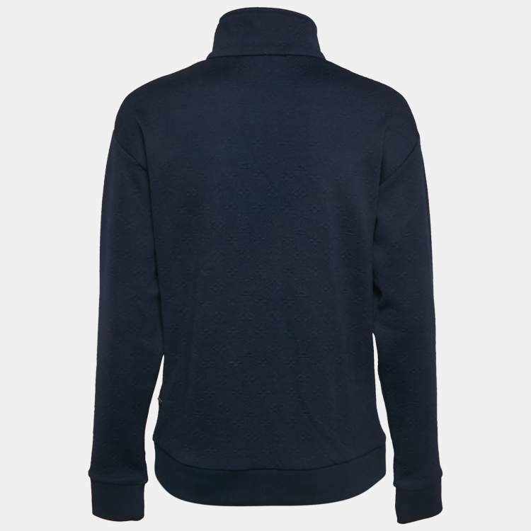 Pre Owned Louis Vuitton Navy Blue Monogram Jacquard Knit Zip Front Jacket XS
