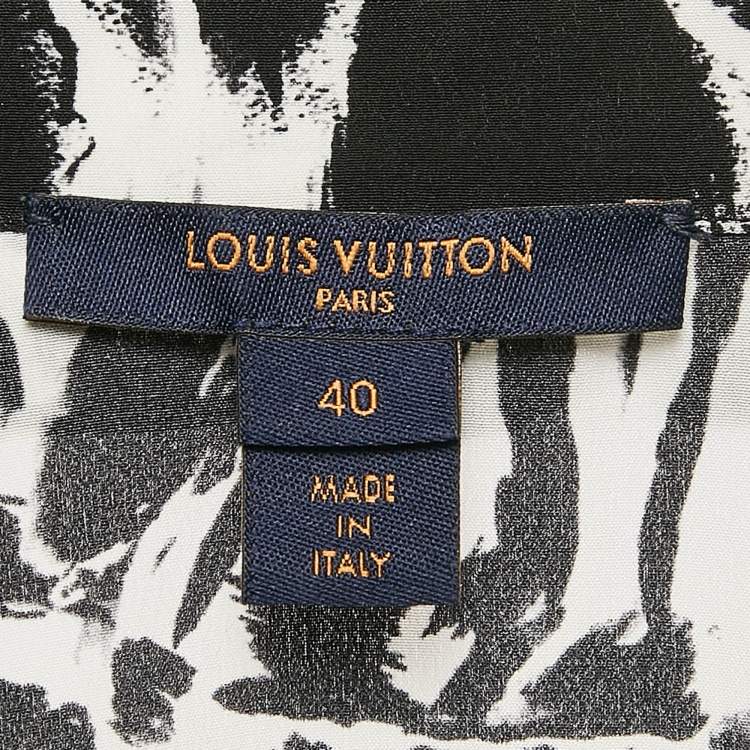 Pre Owned Louis Vuitton Black/White Printed Silk Metal Neck Detail Top M