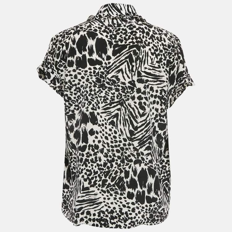 Pre Owned Louis Vuitton Black/White Printed Silk Metal Neck Detail Top M