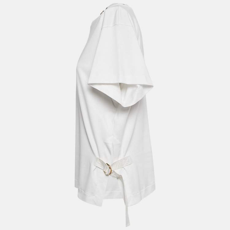 Pre Owned Louis Vuitton White Cotton Knit Neck Detail Top L