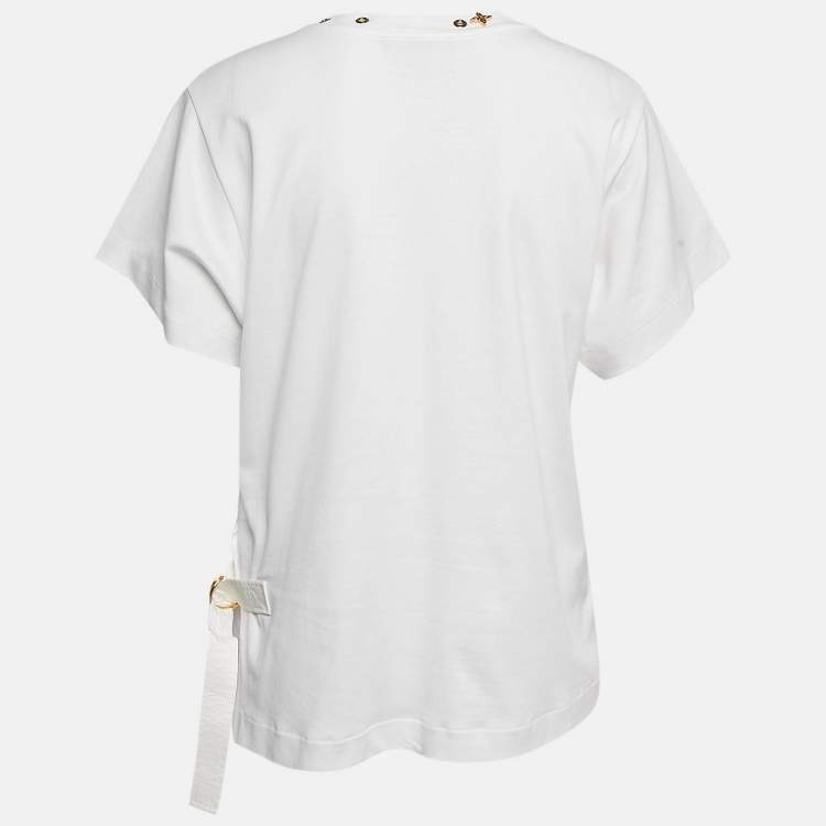 Pre Owned Louis Vuitton White Cotton Knit Neck Detail Top L