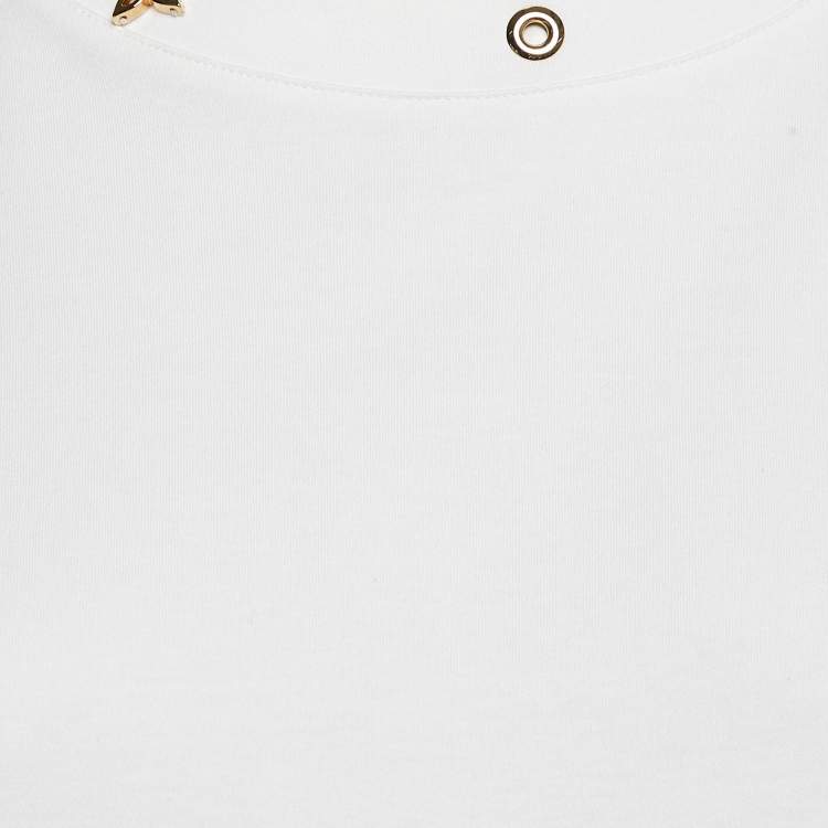 Pre Owned Louis Vuitton White Cotton Knit Neck Detail Top L