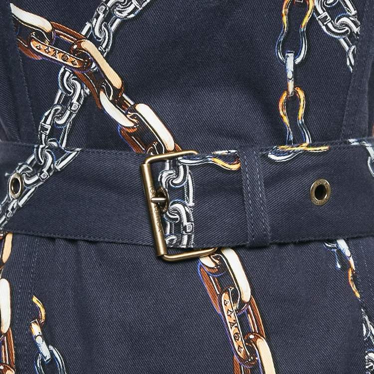 Pre Owned Louis Vuitton Navy Blue Chain Print Cotton Belted Mini Dress S
