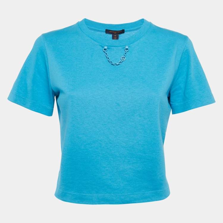 Pre Owned Louis Vuitton Blue Cotton Knit Crew Neck Crop Top M