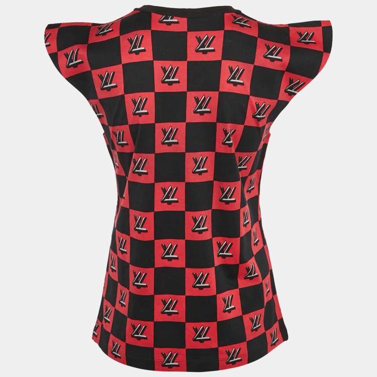 Pre Owned Louis Vuitton Black/Red Logo Checkered Jersey Cap Sleeve Top M